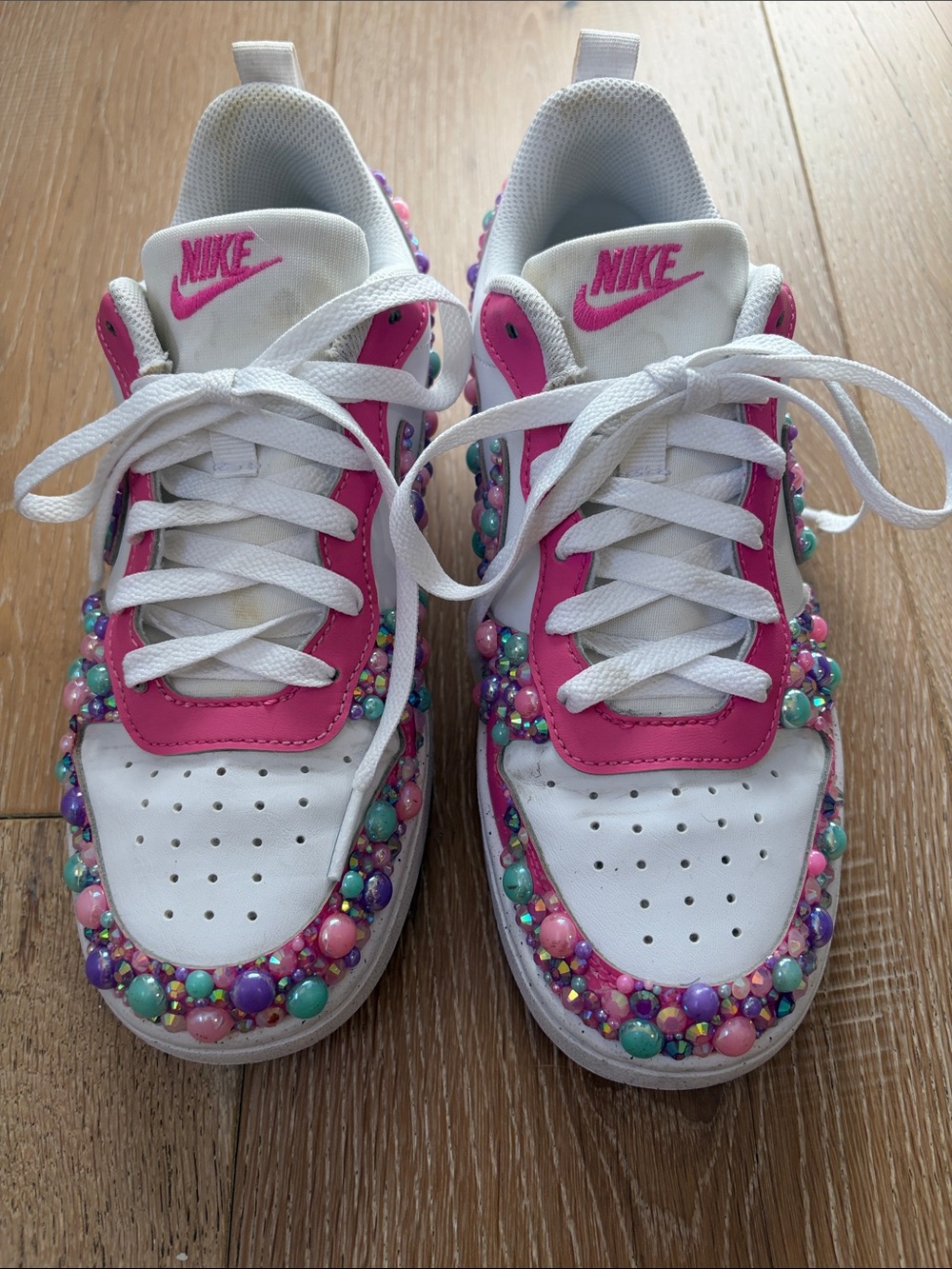 Nike White & Hot Pink Kids' Beaded Sneakers